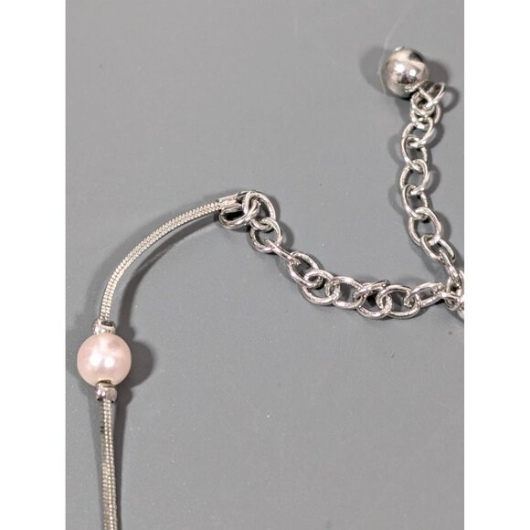 Silver Tone Faux Pearl Station Chain Necklace Elegant Bridal Classic 19" - Picture 8 of 10